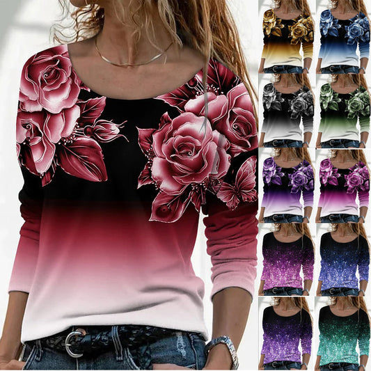 Women's Long Sleeve Loose Neck Casual Pullover Print Blouses