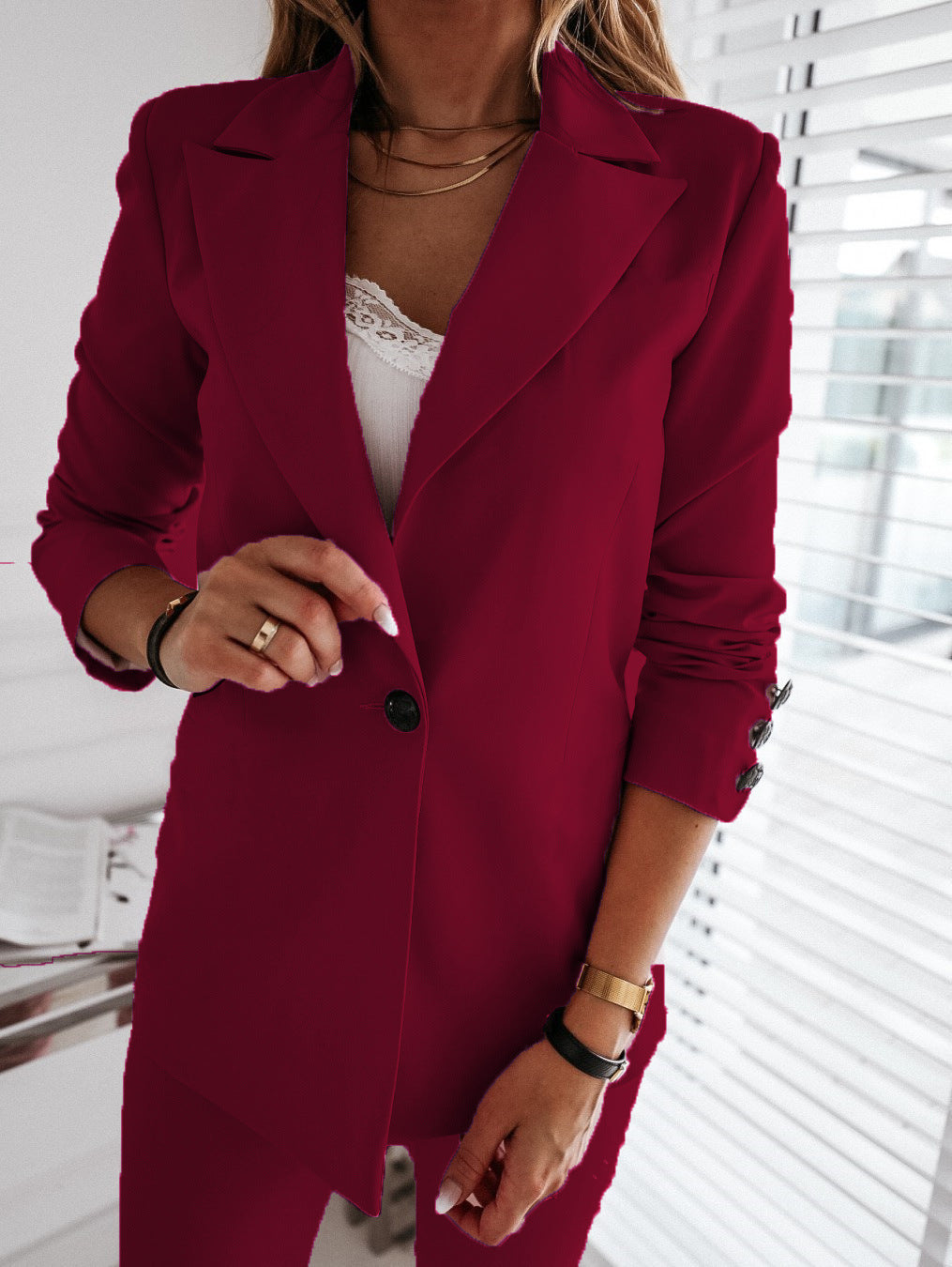 Long Sleeve Solid Color Collar Button Blazers