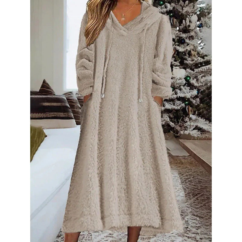 Loose Casual Fluff Hooded Long Sleeve Dresses