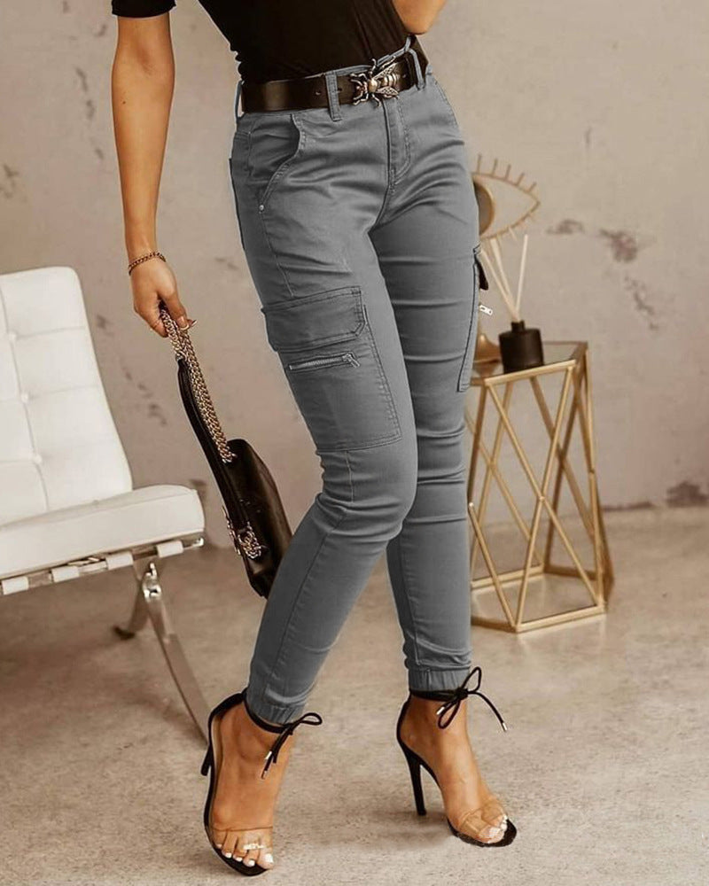 Women's Low Waist Button Solid Color Pocket Pants