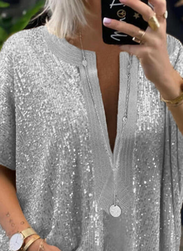 Slouchy Cool Deep V-neck Sequins Patchwork Blouses