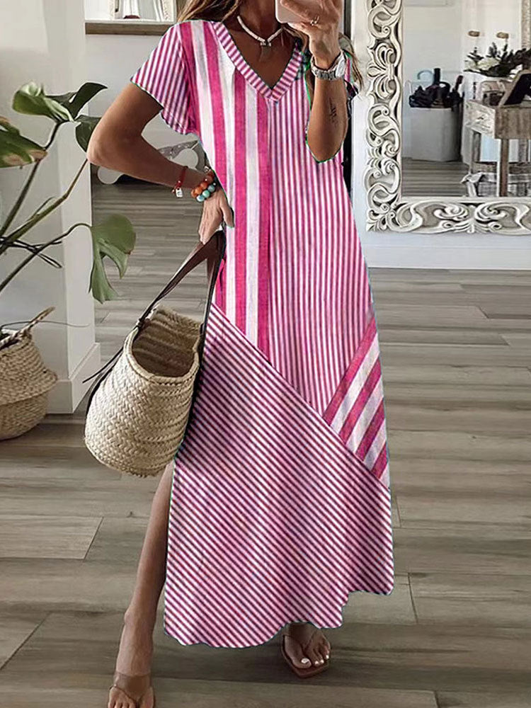 Women's Striped Positioning Printed Split Dress Dresses