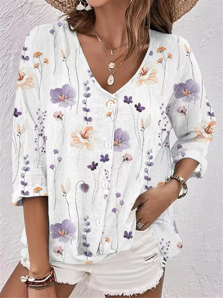 Women's Buttons Chiffon Printed Long Sleeve Blouses