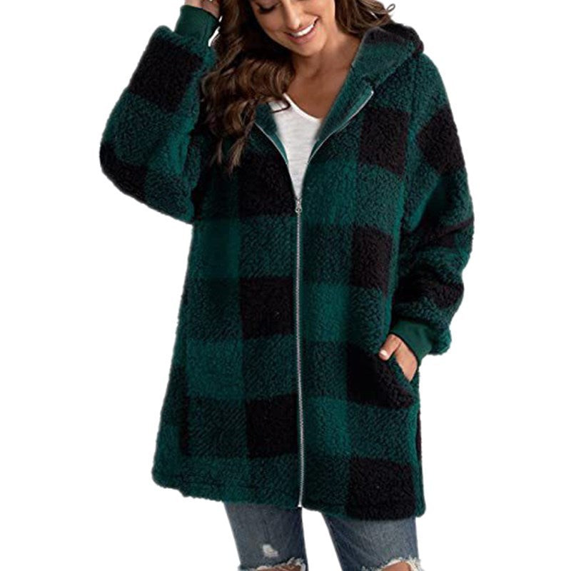 Women's Plush Long-sleeved Plaid Hooded Zipper With Sweaters