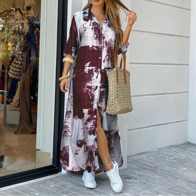 Women's Printed Irregular Hem Long Shirt Dress Dresses