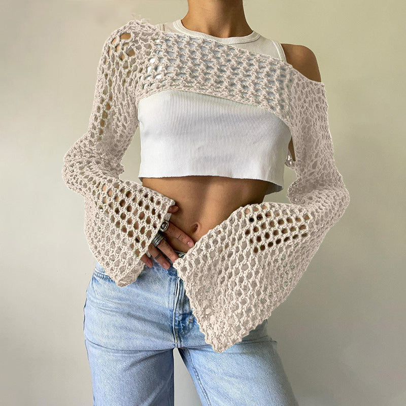 Women's Autumn Hand Crochet Casual Bell Sleeve Sexy Knitwear