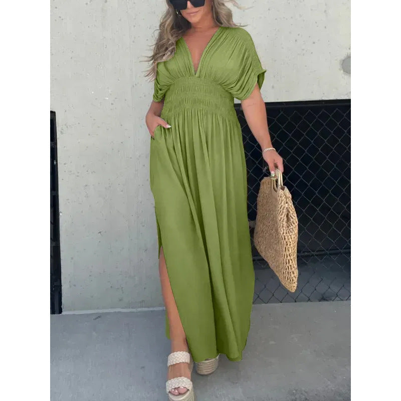 Summer Solid Color Bat Sleeve Elastic Dresses