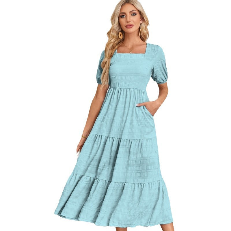 Women's Bubble Sleeve Square Collar Back Pleating Dresses