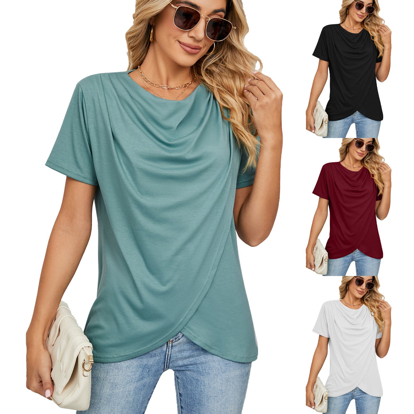 Women's Solid Color Round Neck Cross Loose Blouses