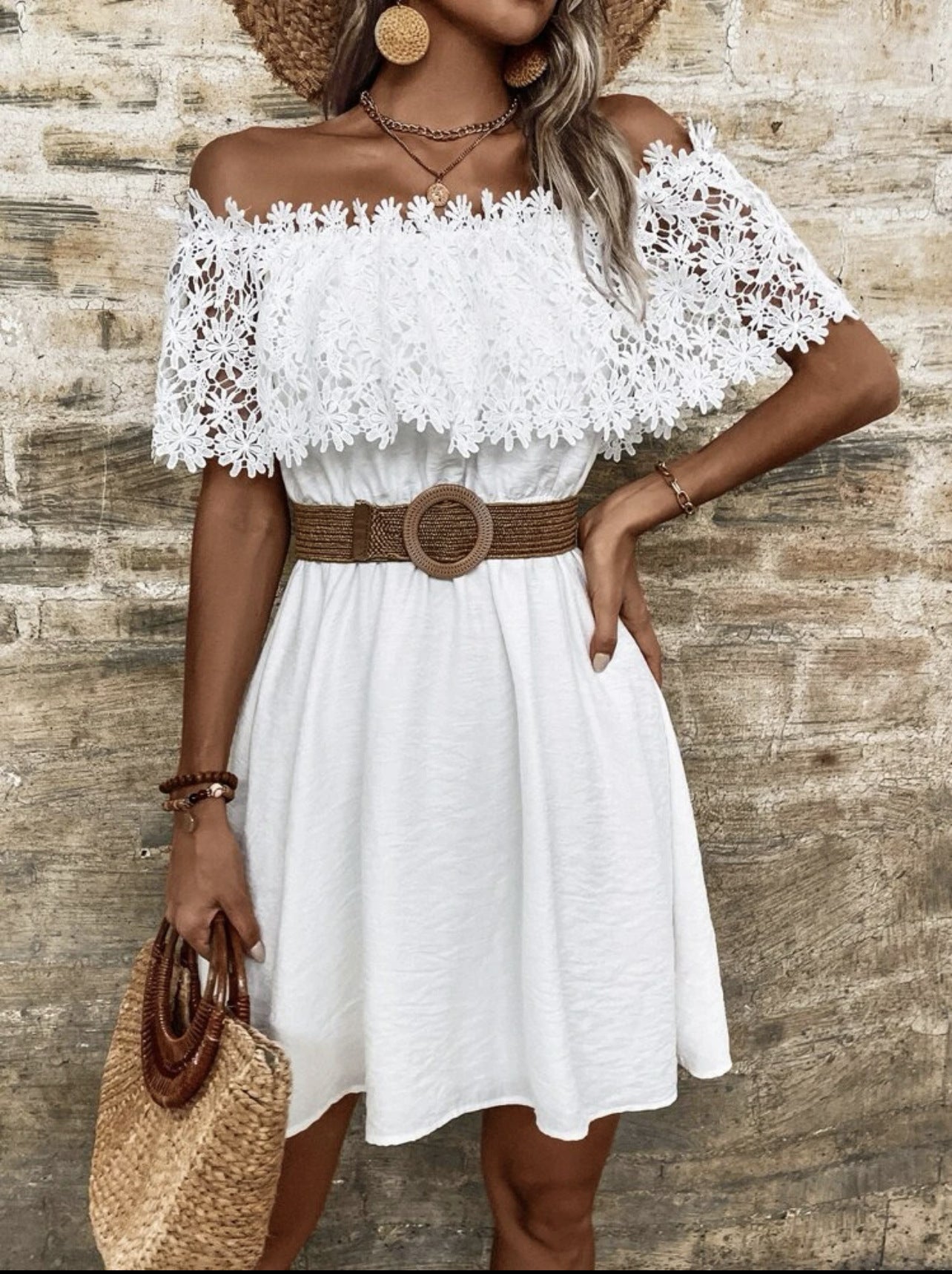 Women's Summer Water-soluble Lace Stitching Waist Dress Dresses