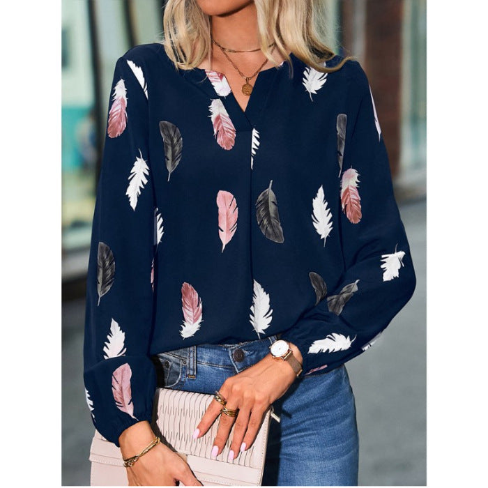 Women's V-neck Feather Print Long-sleeved Loose Blouses