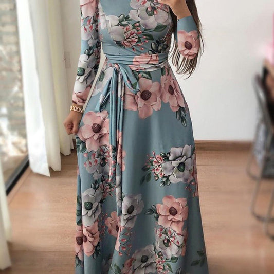 Women's Casual Printed Lace Up Maxi Dress Dresses