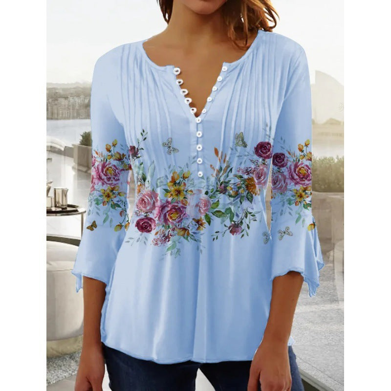 Women's Printed Sleeve Pleated Button T-shirt Bottoming Blouses