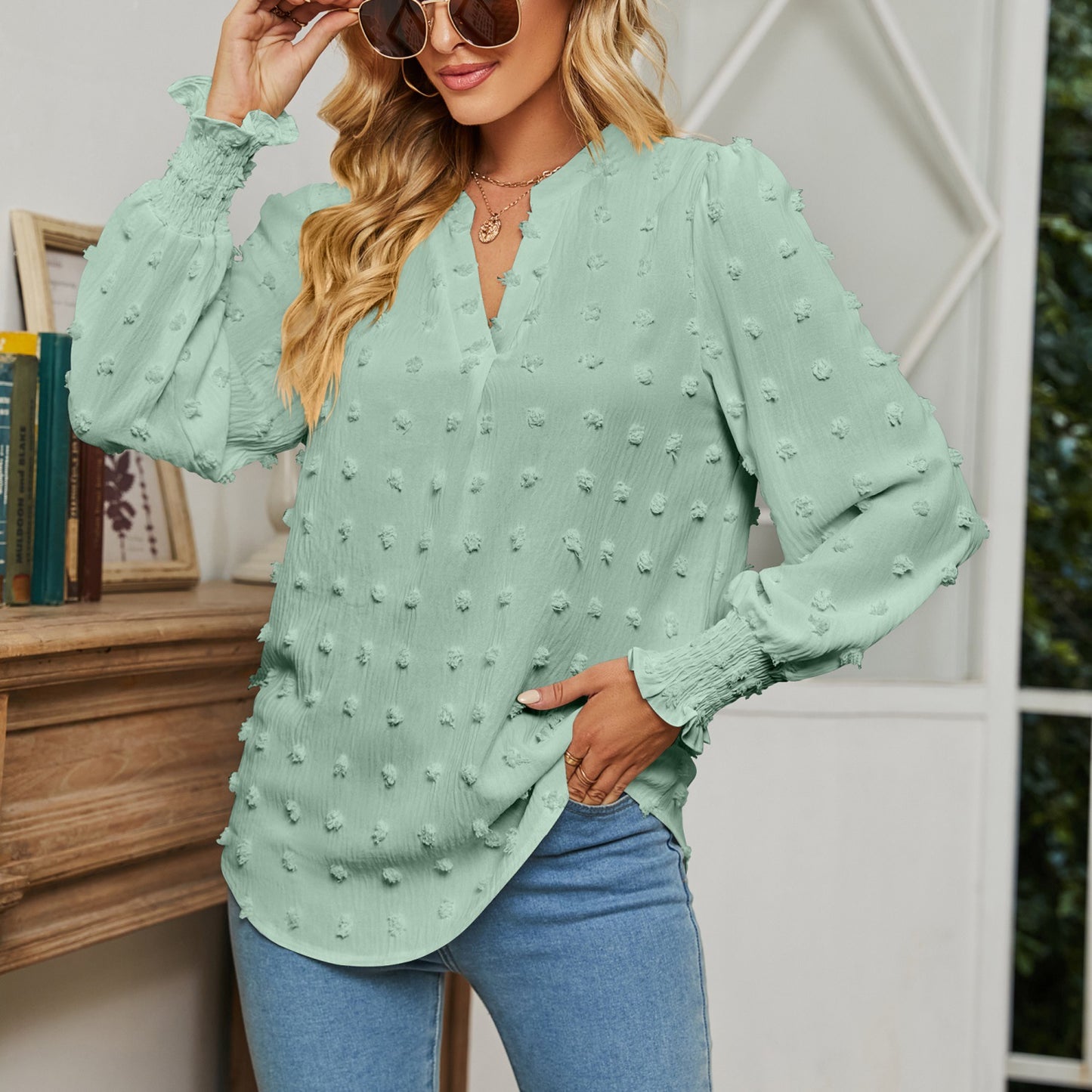 Women's Autumn Polka Dot Long-sleeved Bubble Sleeve Blouses