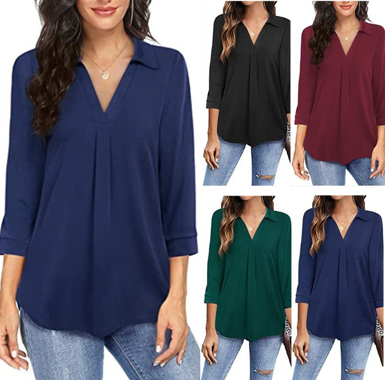 Women's Elegant Chiffon Pullover Loose V-neck 3/4 Sleeves Blouses