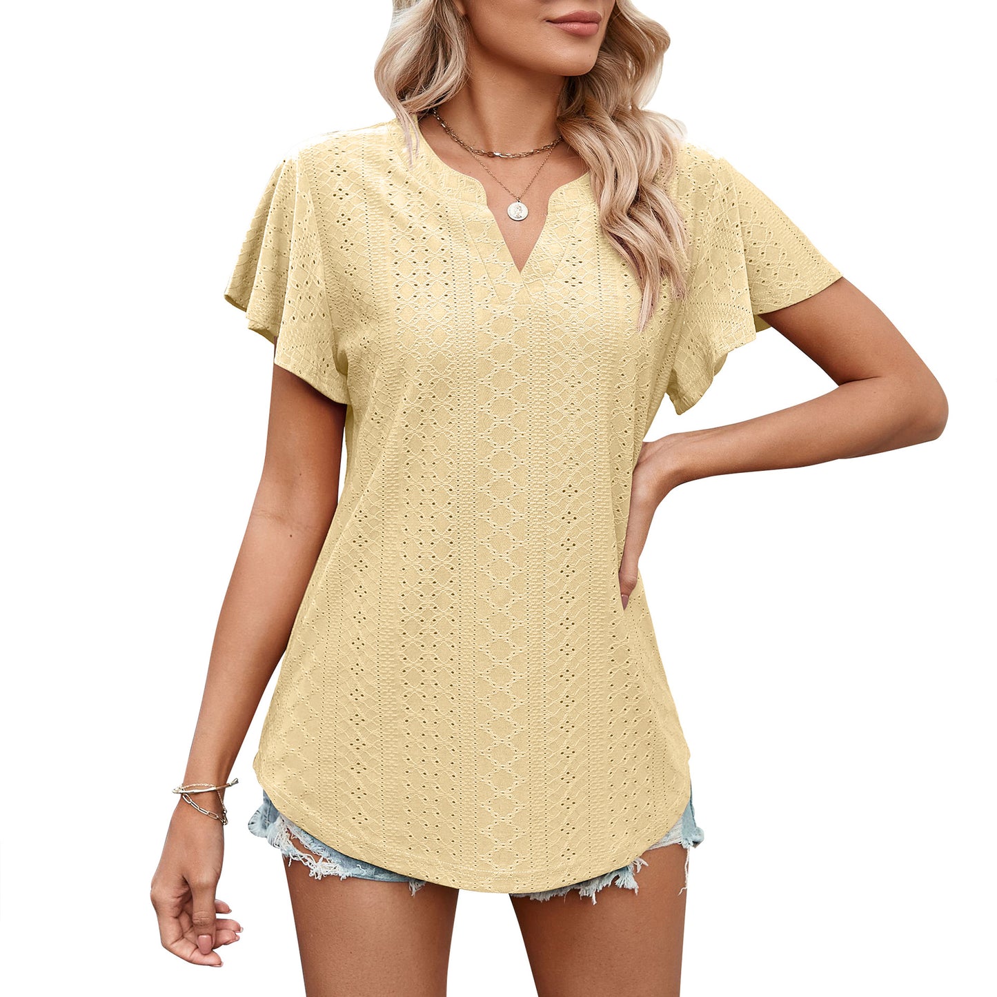 Women's Summer Ladies Solid Color Hollow Out Blouses