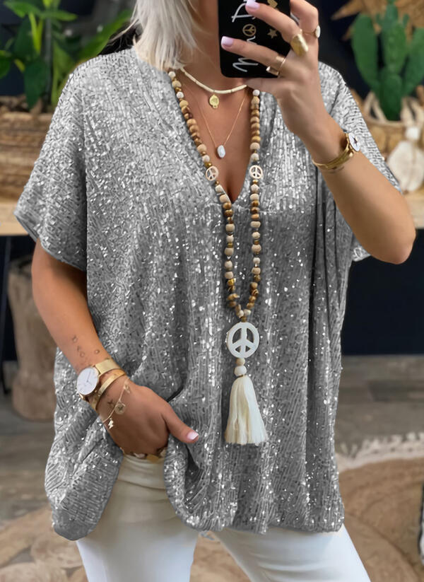 Beautiful Summer Sequined V-neck Loose-fitting T-shirt Blouses