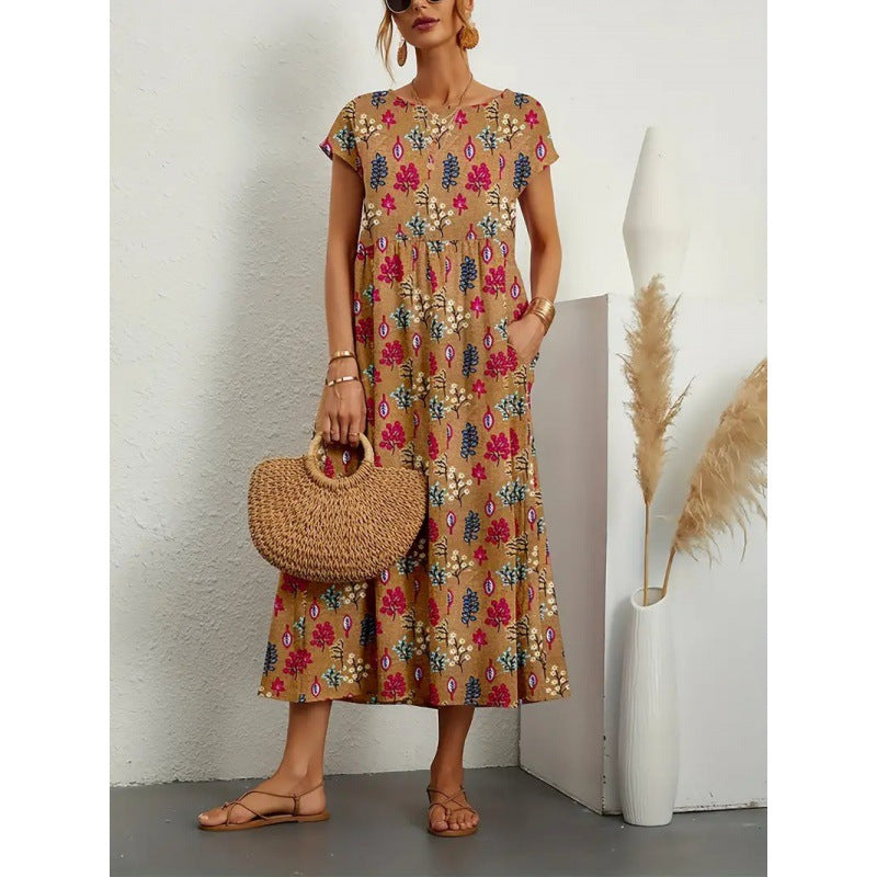 Women's Linen Sleeveless Round Neck Printed Summer Dresses