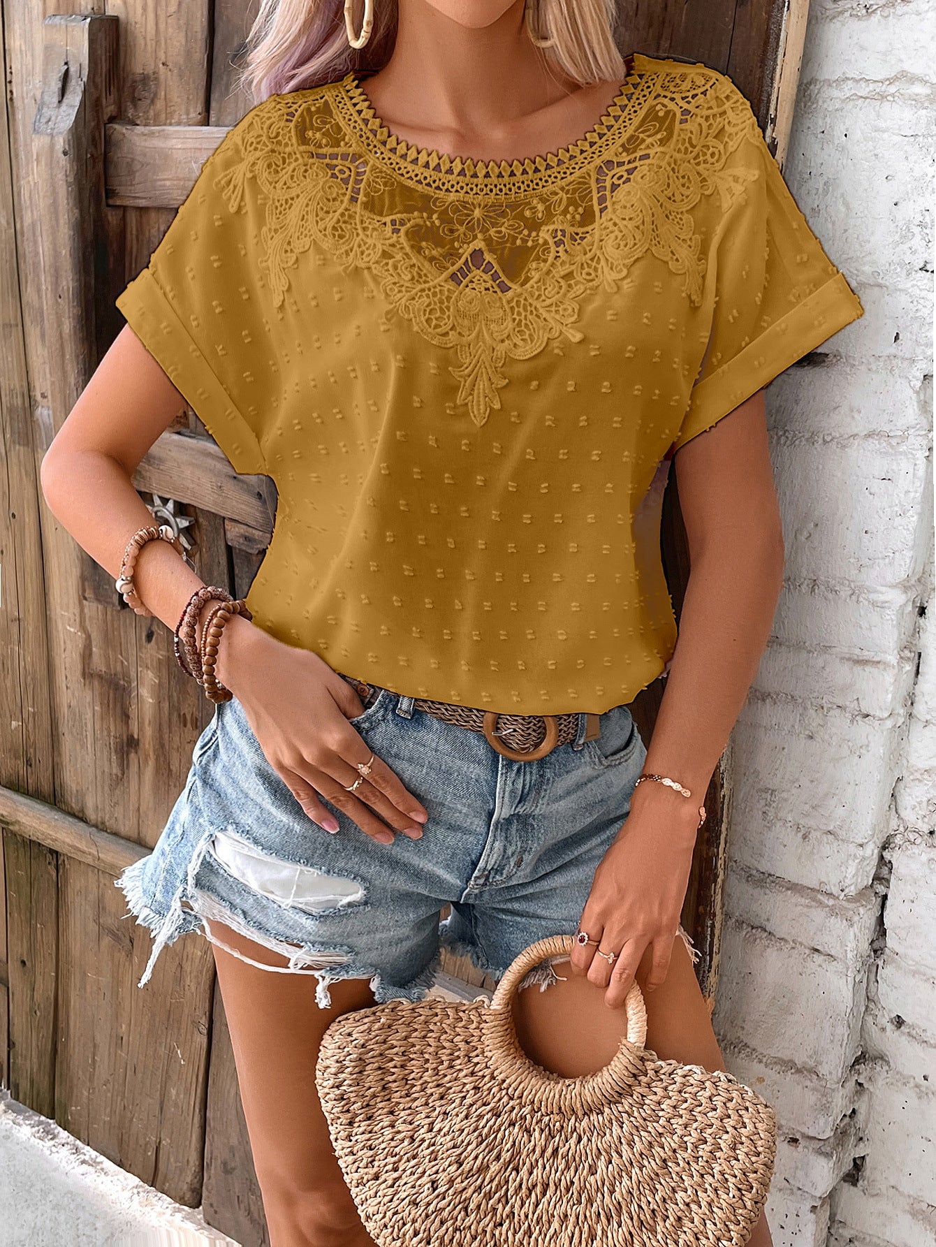 Women's Lace Ruffled Sleeves T-shirt Loose Shorts