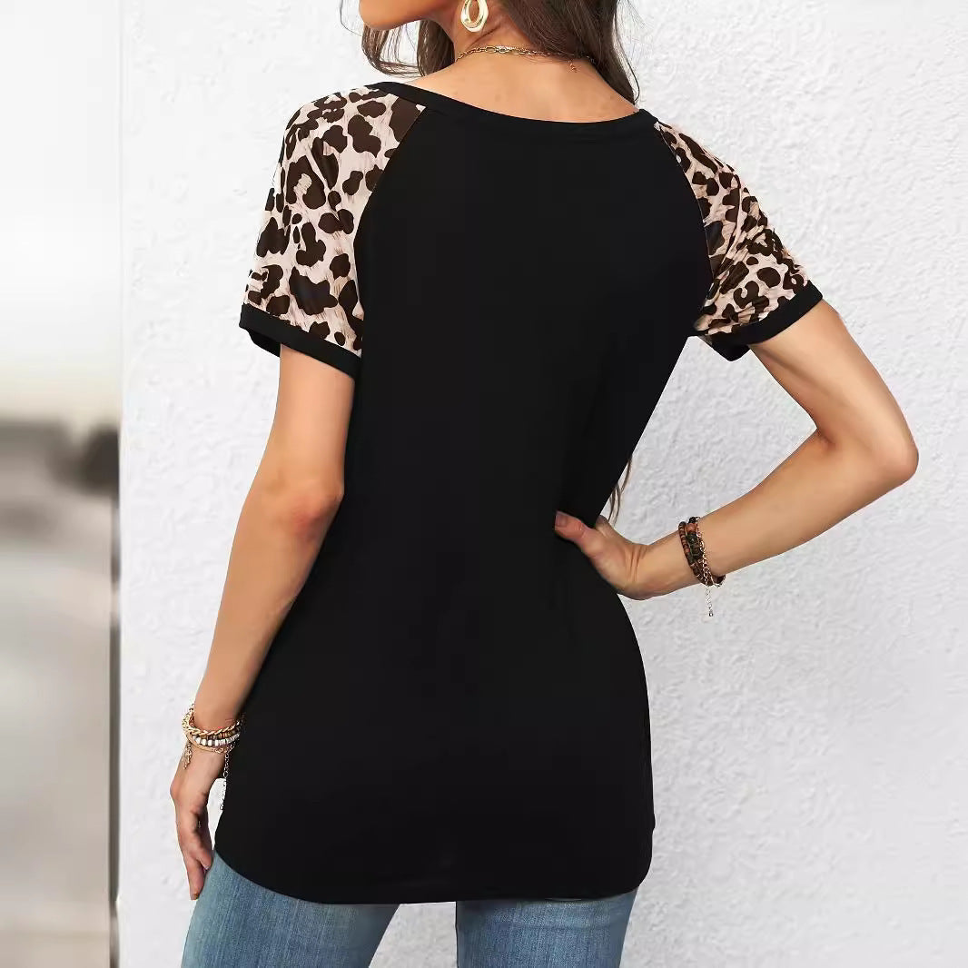 Women's Summer Round Neck Leopard Print Sleeve Blouses