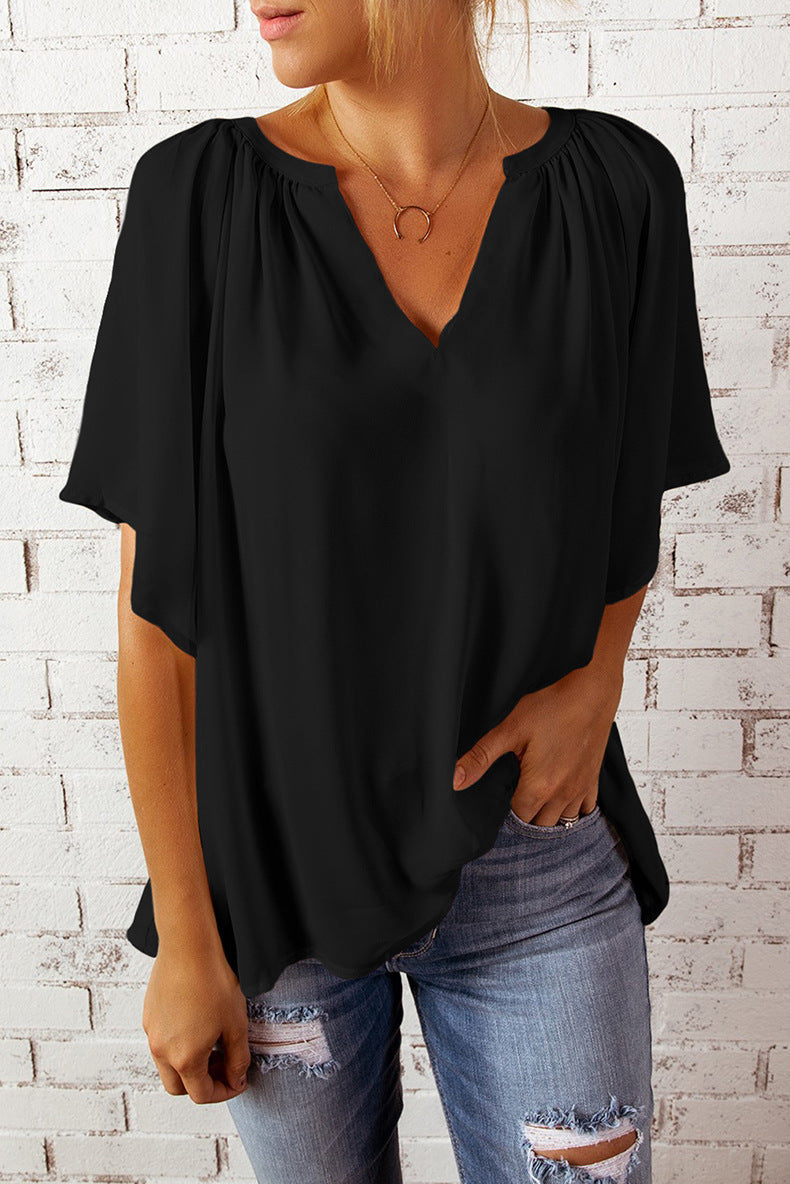 Women's Loose Half Sleeve T-shirt V-neck Pullover Solid Blouses