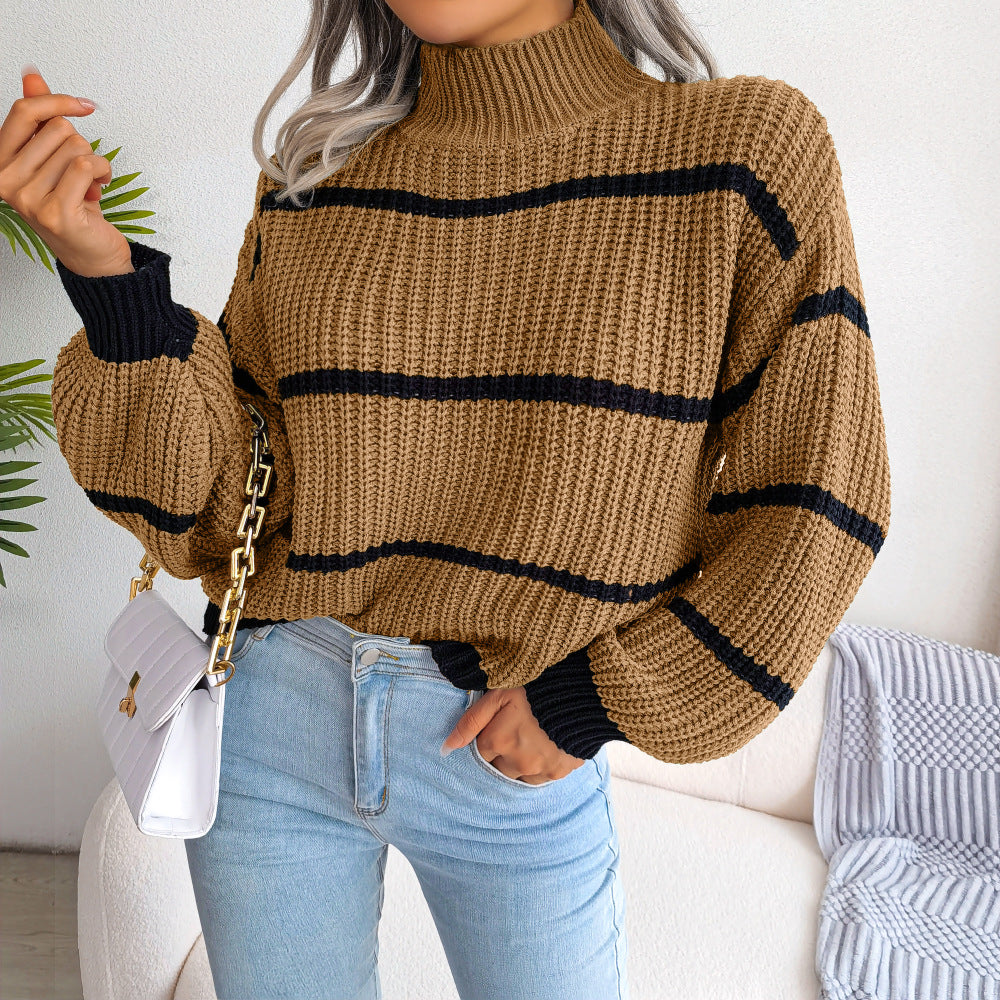 Women's Casual Striped Lantern Sleeve Half Turtleneck Sweaters