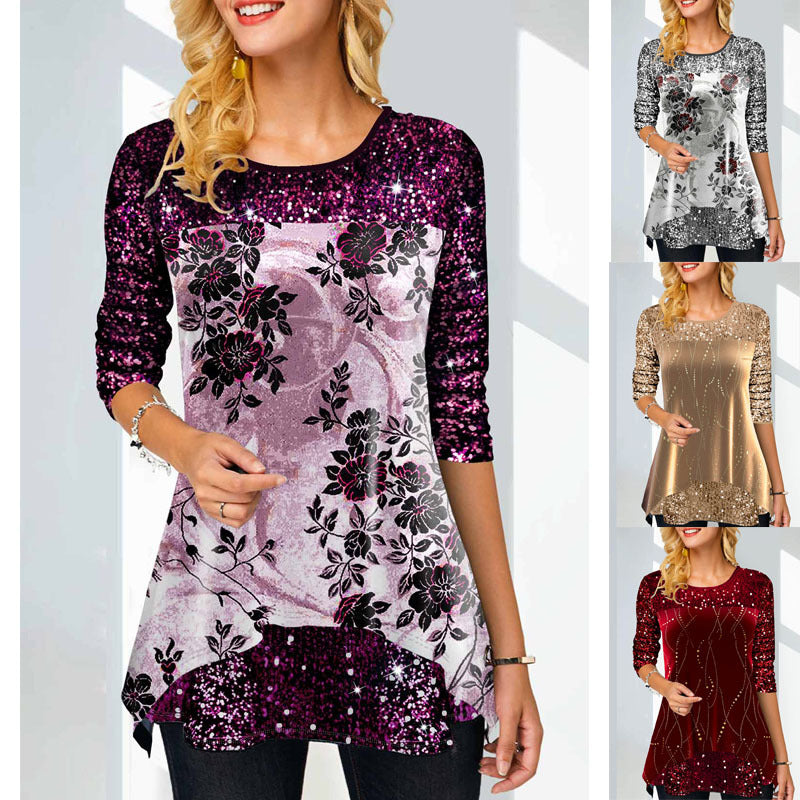 Women's Fashion Print Round Neck T-shirt Blouses