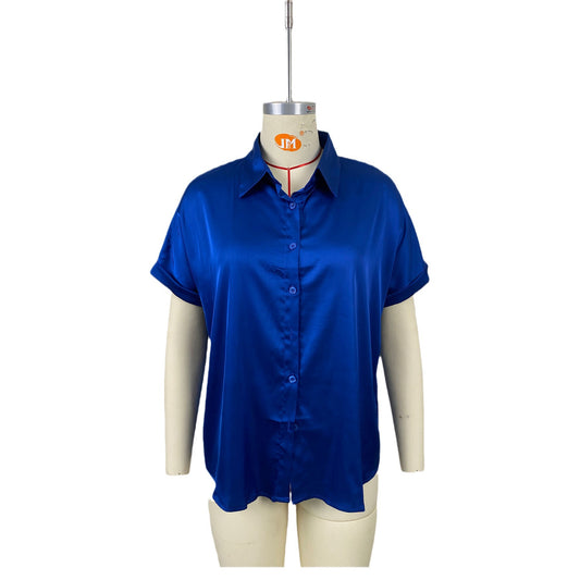 Blouses de chemise boutonnées à manches en satin de couleur unie pour femmes