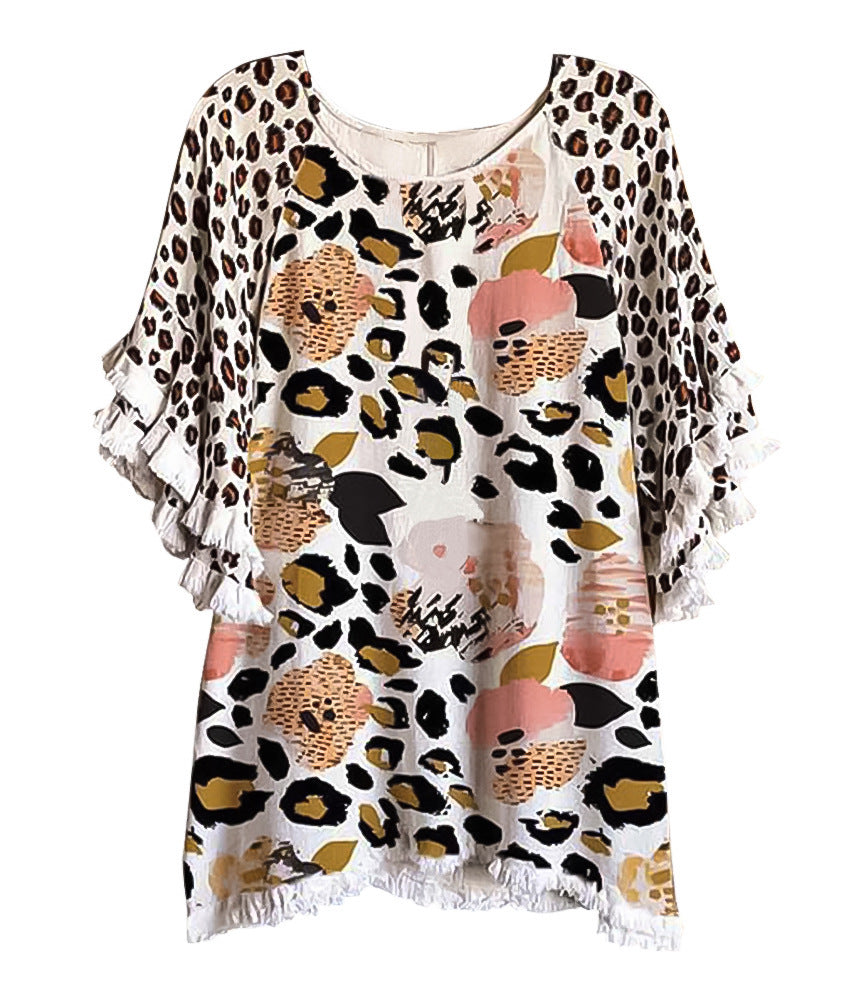 Women's Floral Ruffle Sleeve Round Neck Multicolor Blouses