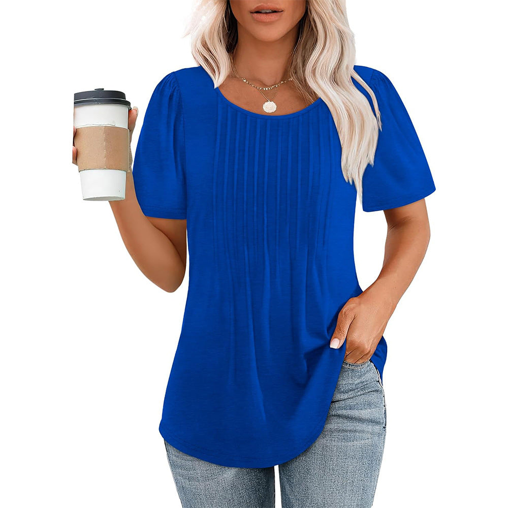 Women's Pleated Round Neck Short-sleeved T-shirt Blouses