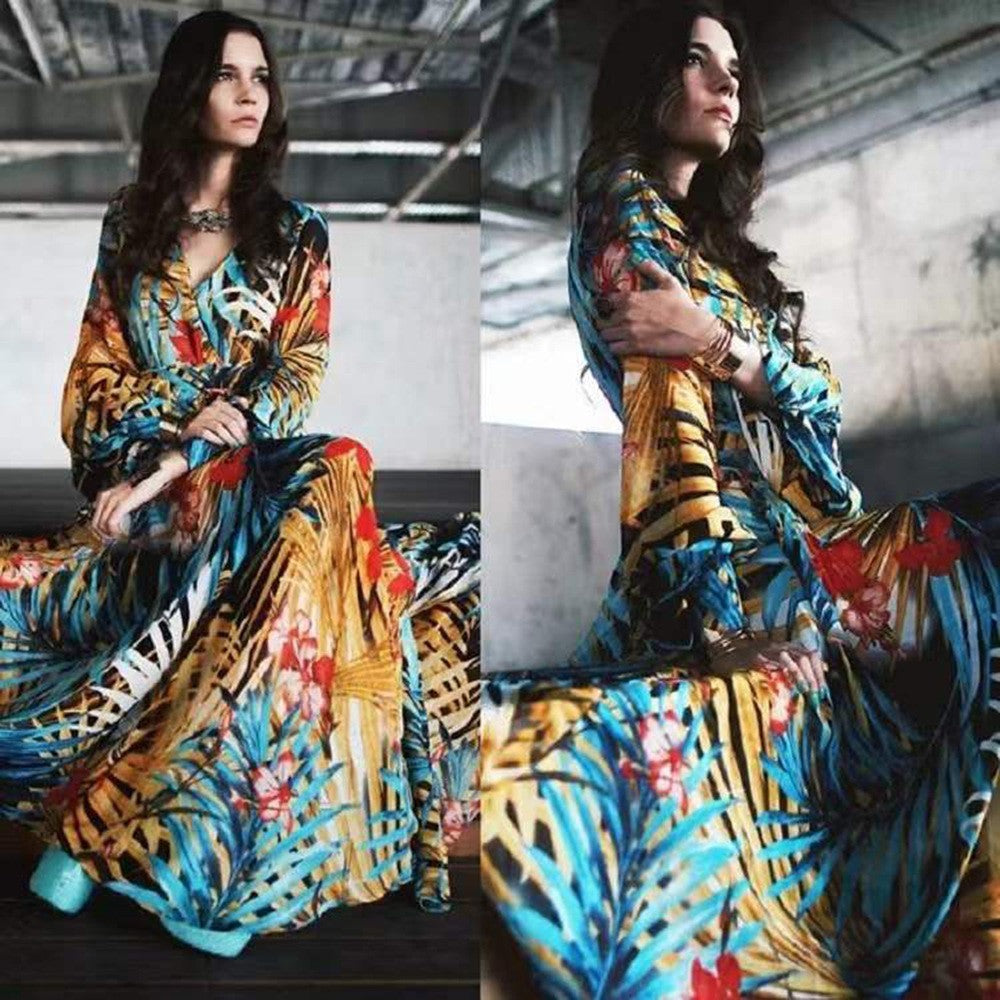 Women's Dress Collar Lantern Sleeve Printed Long Dresses