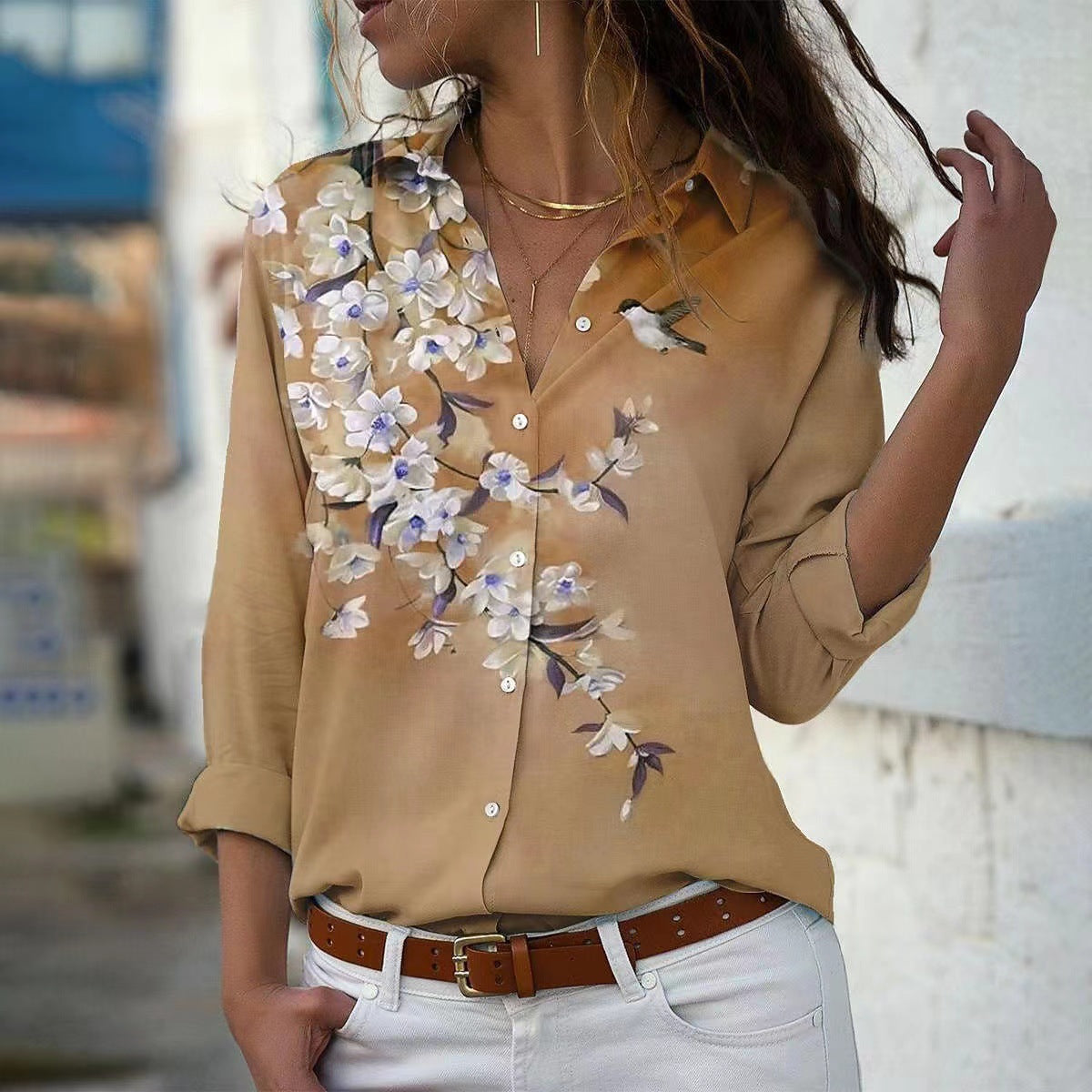 Women's Flower Shirt Spring Lapel Print Long Blouses