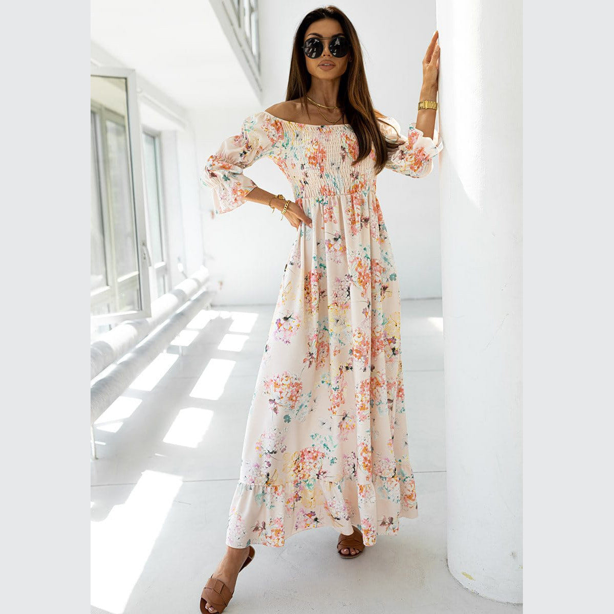 Women's Retro Printed Long Sleeve Dress Waist Dresses