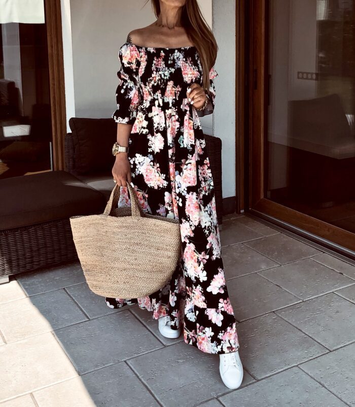 Women's Retro Printed Long Sleeve Dress Waist Dresses