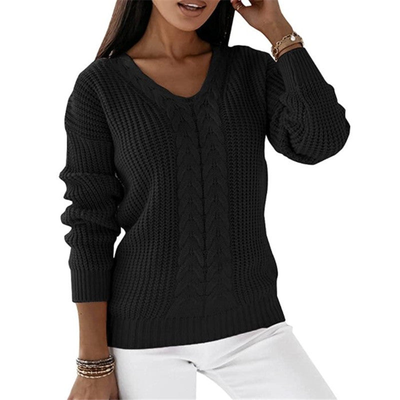 Women's Long Sleeve V-neck Solid Color Twist Tops