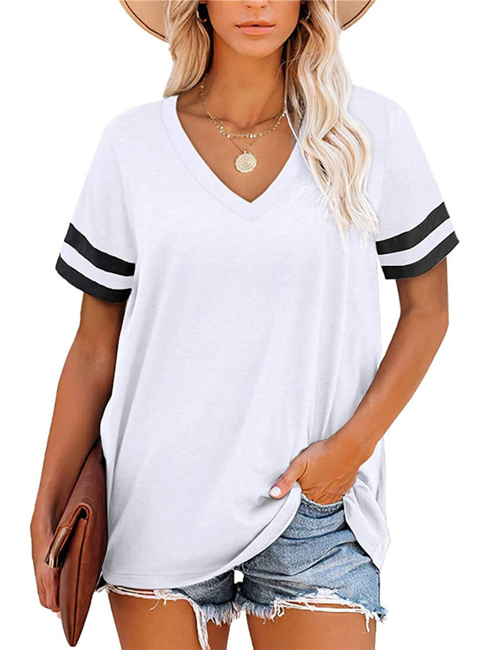 Women's Summer V-neck Sleeve Color T-shirt Loose Shorts