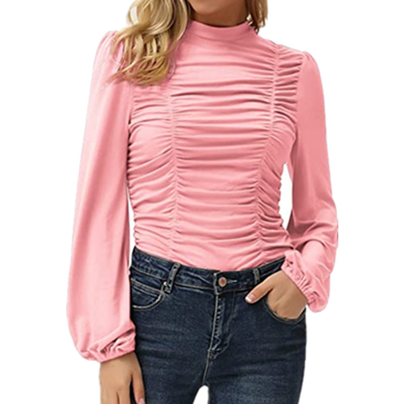 Women's Color Long Lantern Sleeve Turtleneck Pleated Slim Blouses