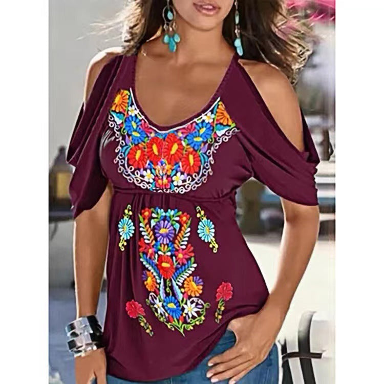 Women's Summer Loose V-neck Pleating Printed Off-shoulder Blouses