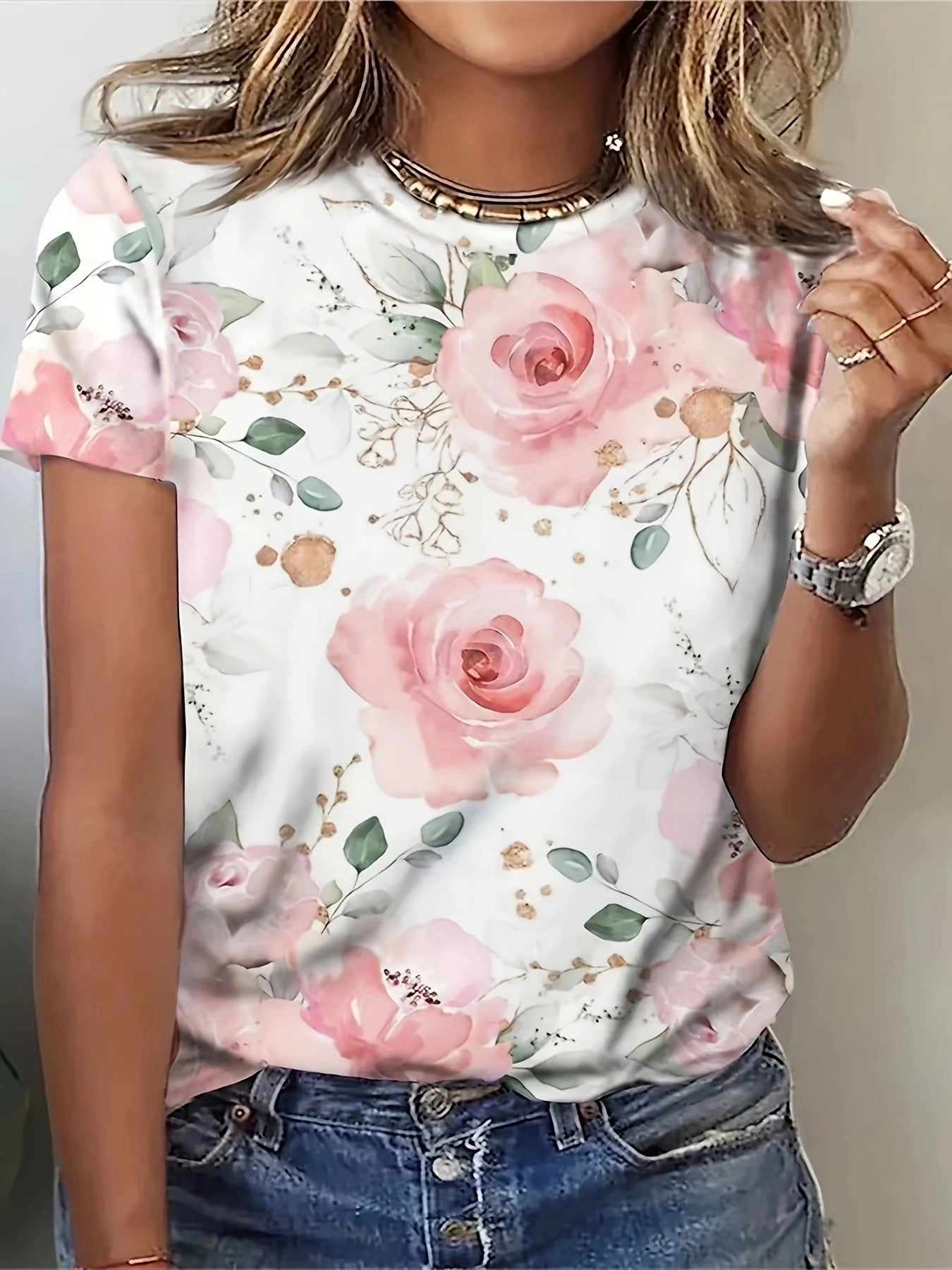 Kurzärmliges T-Shirt mit Blumen- und Pflanzendruck für den Sommer für Damen