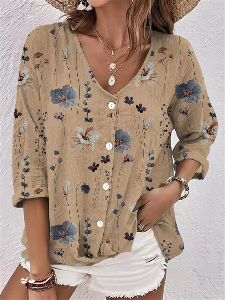 Women's Buttons Chiffon Printed Long Sleeve Blouses