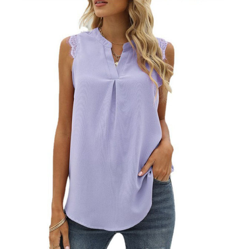 Chemise de couleur unie pour femmes, chemisiers amples en dentelle sans manches