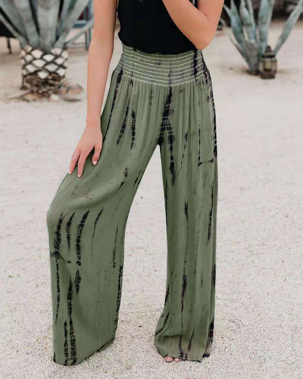 Pantalon à jambes larges avec poche taille haute élastique à la mode