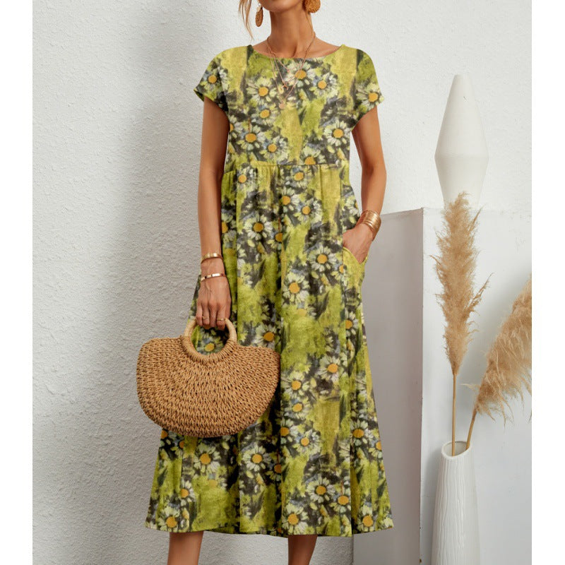 Women's Linen Sleeveless Round Neck Printed Summer Dresses