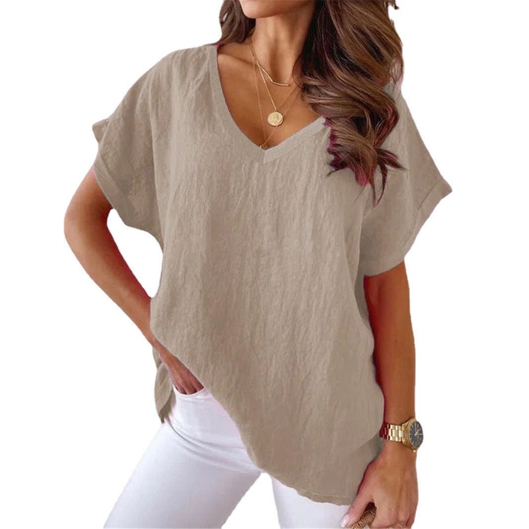 Women's Sleeve V-neck Solid Color Cotton Linen Blouses