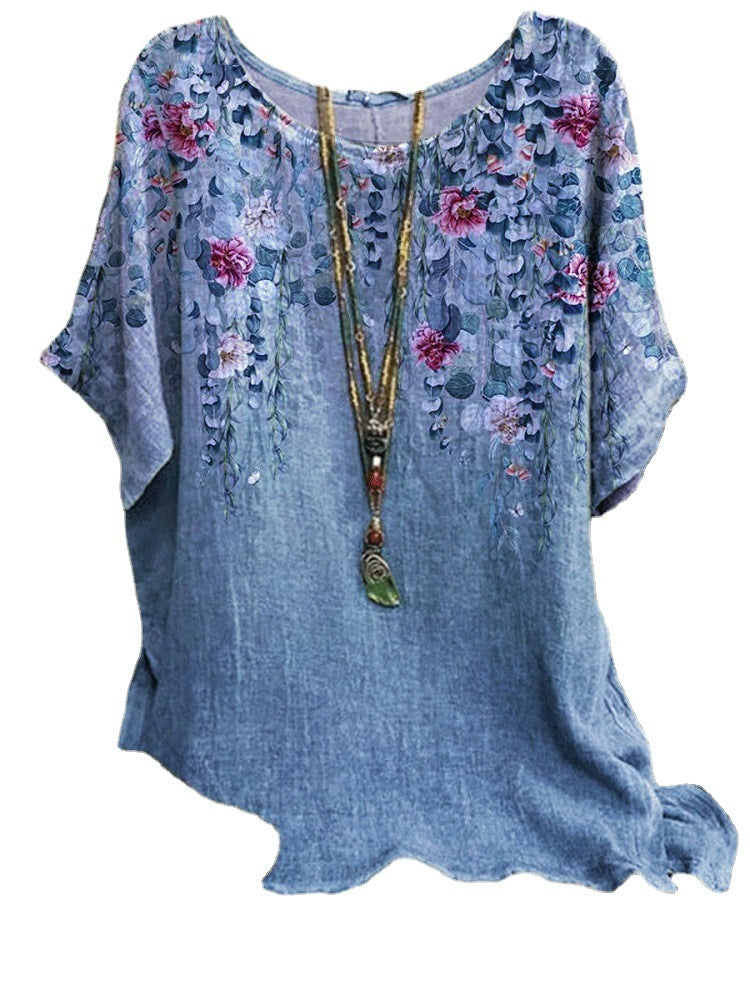 Women's # Loose Sleeve Elements Printed Crew Blouses