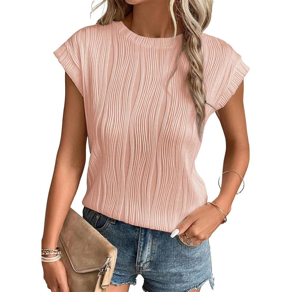 Women's Round Neck Short-sleeved Textured T-shirt Blouses