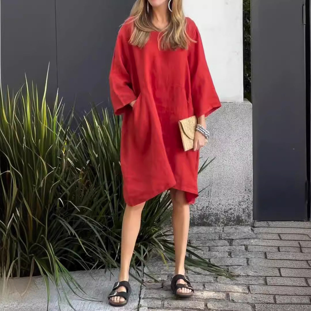 Women's Cute Solid Color Loose Casual Pocket Dresses