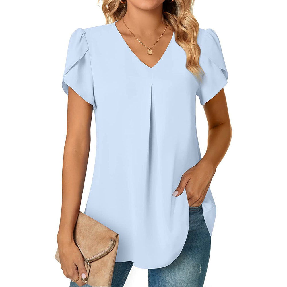 Women's Color Stitching Chiffon T-shirt Collar Sleeve Blouses