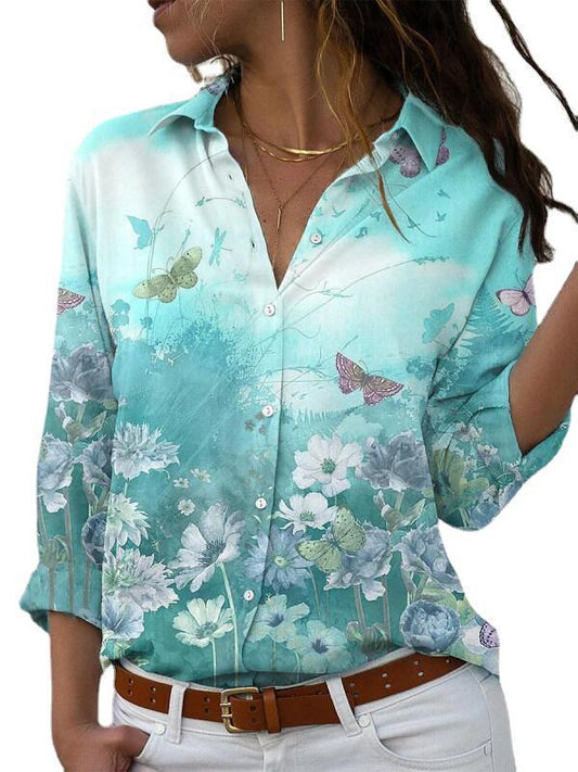 Women's Elegant Printed Long-sleeved Lapel Shirt Blouses