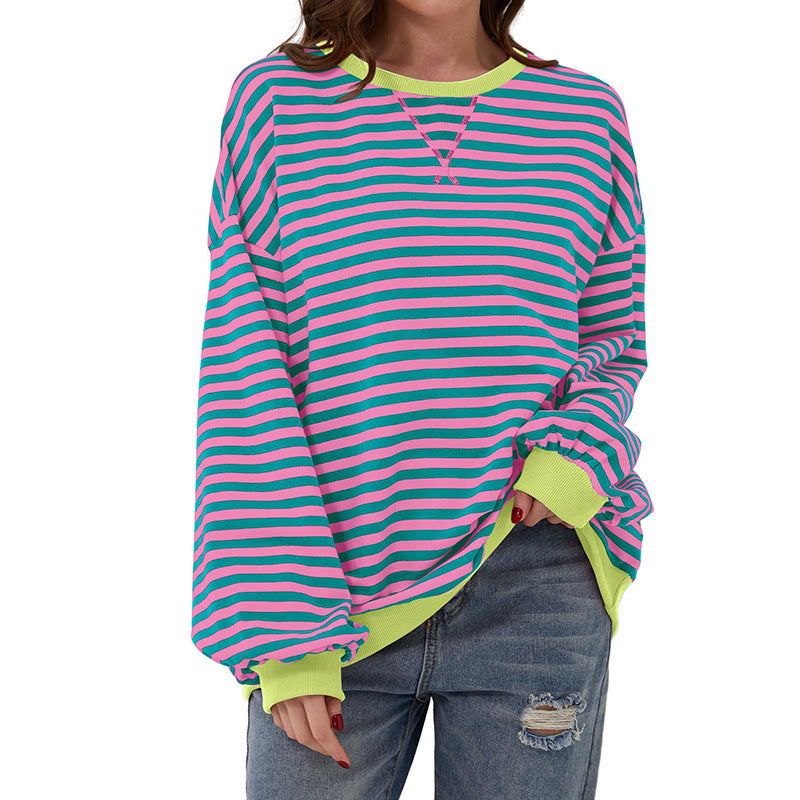 Women's T-shirt Summer Loose-fitting Striped Long Sleeves Blouses